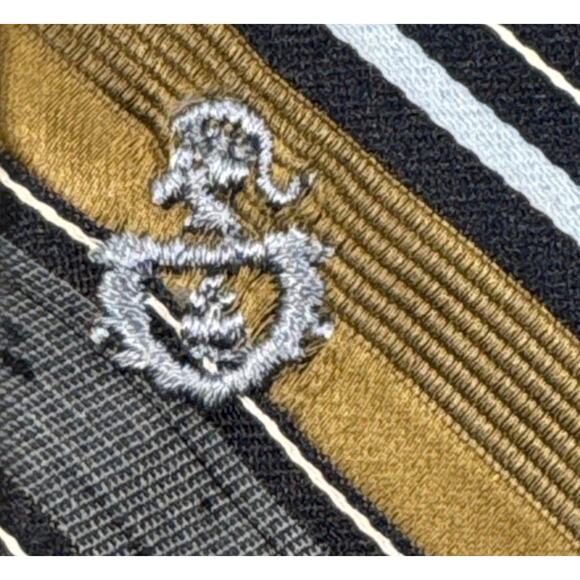 Vintage Via Re Mens Embroidered Crest Textured Regimental Striped Blue Brown Tie - Picture 4 of 7